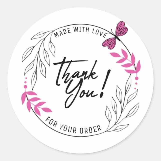 Sticker Rond Merci pour votre commande avec papillon rose (Devant)