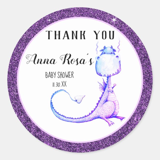 Sticker Rond Merci pourpre mignon de baby shower de dragon de (Devant)