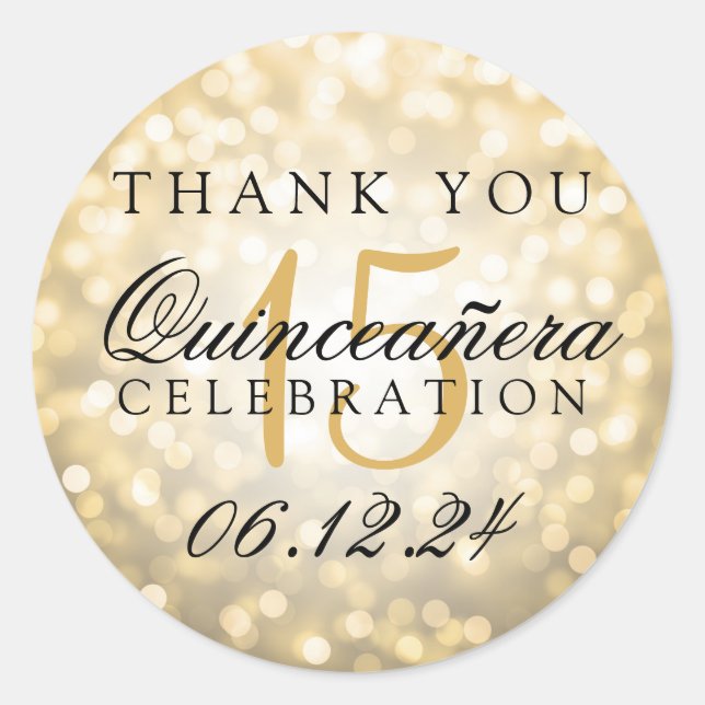 Sticker Rond Merci Quinceanera Anniversaire Gold Bokeh Lumières (Devant)