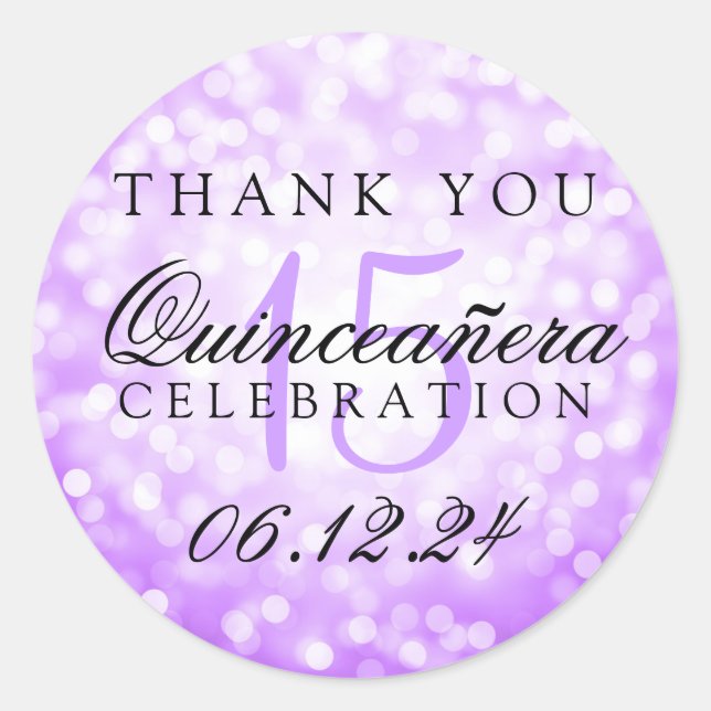 Sticker Rond Merci Quinceanera Anniversaire Purple Bokeh Lumièr (Devant)