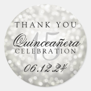 Sticker Rond Merci Quinceanera Anniversaire Silver Bokeh Lumièr