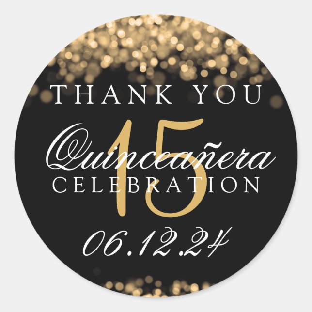 Sticker Rond Merci Quinceanera Fête d'anniversaire Gold Lumière (Devant)
