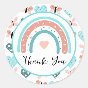 Sticker Rond Merci Rainbows, papillons et coeurs