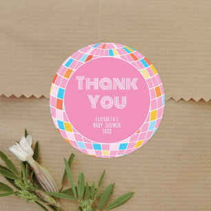 Sticker Rond Merci Retro Pink Disco Ball Girl Baby shower