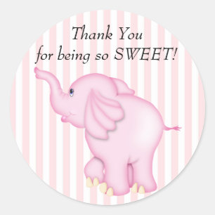 Sticker Rond Merci  rose Baby shower éléphant