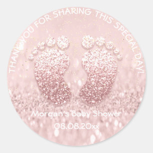Sticker Rond Merci rose de faveur de baby shower de pieds de