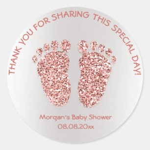 Sticker Rond Merci rose de faveur de baby shower de pieds de
