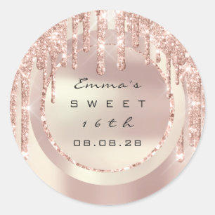 Sticker Rond Merci Rose Drips Sweet 16ème Glitter 15ème