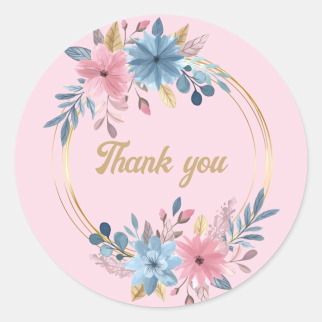 Sticker Rond Merci rose fleuri/baby shower (Devant)
