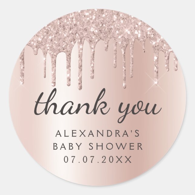 Sticker Rond Merci Rose Gold Glitter Girly Baby Douche (Devant)
