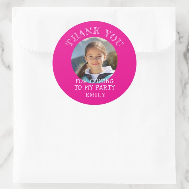 Sticker Rond Merci rose photo d'anniversaire fille (Sac)