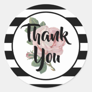 Sticker Rond Merci Rose Vintage Rose Noir et Blanc
