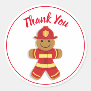 Sticker Rond Merci Rouge Blanc Pompier Homme en pain d'épice