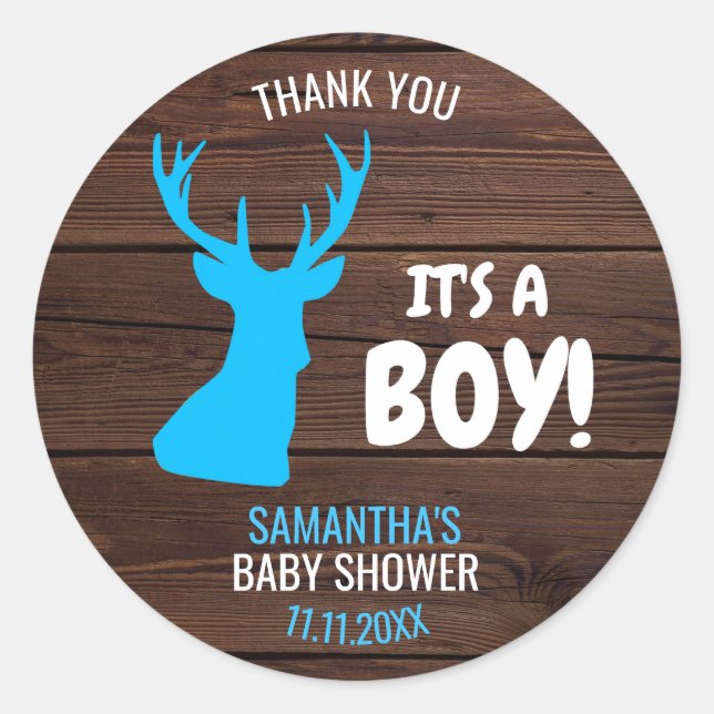 Sticker Rond Merci Rustic Buck Deer Baby shower à thème garçon (Devant)