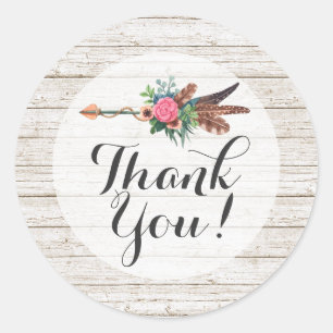 Sticker Rond Merci Rustique Bohème Plumes Arrow Mariage