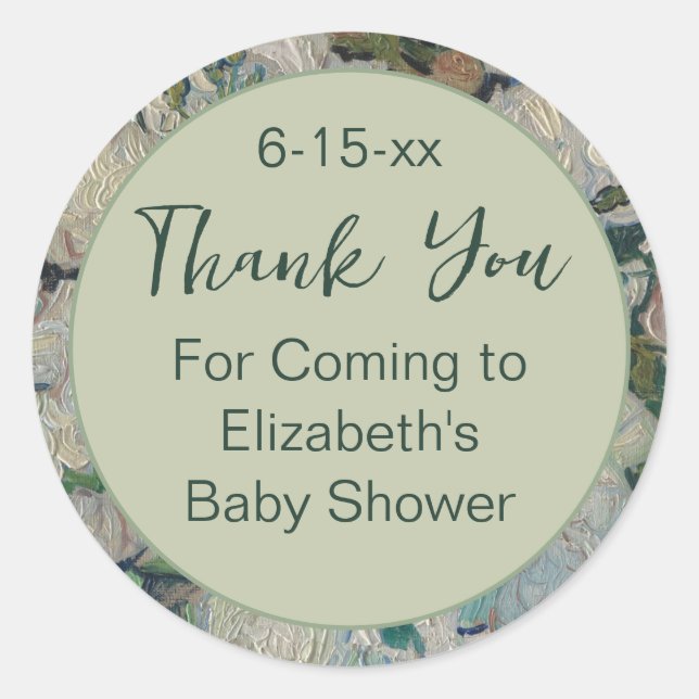 Sticker Rond Merci Script Baby shower floral vert et blanc (Devant)