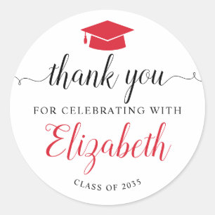 Sticker Rond Merci Script Red Grad Grad Graduation Party Favori