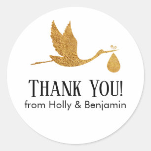 Sticker Rond Merci simple Faux Gold Stork ! Baby shower