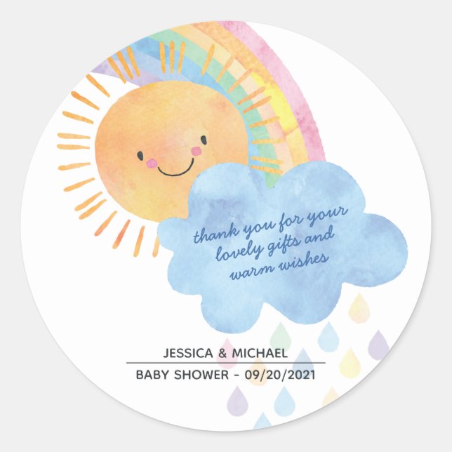 Sticker Rond Merci Sunshine Rainbow Baby shower (Devant)