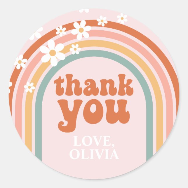 Sticker Rond Merci super marguerite boho floral arc-en-ciel Fav (Devant)