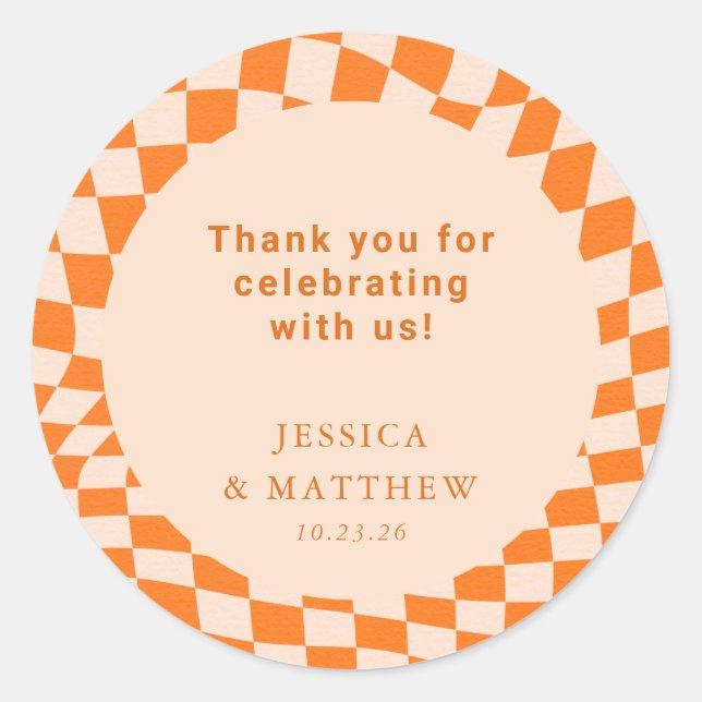 Sticker Rond Merci super Retro Orange Check Mariage personnalis (Devant)
