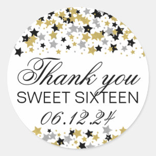 Sticker Rond Merci Sweet 16 Gold Parties scintillant Star Confe