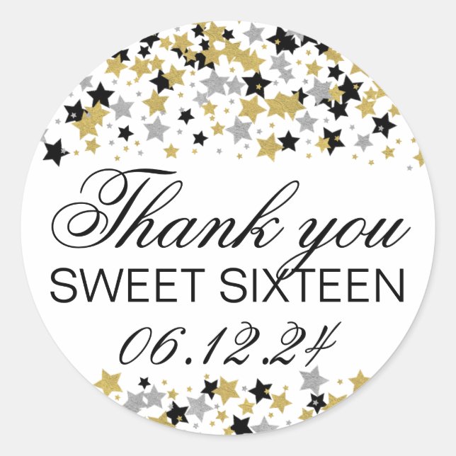 Sticker Rond Merci Sweet 16 Gold Parties scintillant Star Confe (Devant)