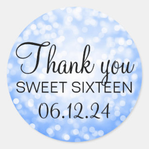Sticker Rond Merci Sweet 16 Lumières Parties scintillant Bleu A