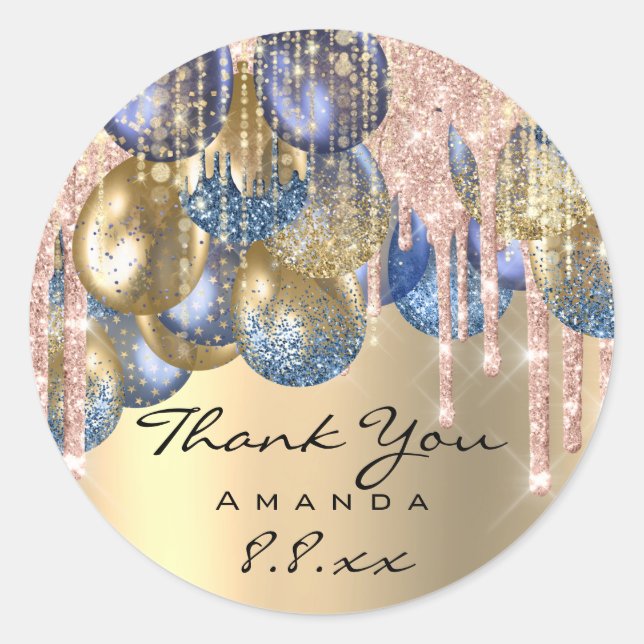 Sticker Rond Merci Sweet 16th Birthday Ballons Blue Gold Drips (Devant)