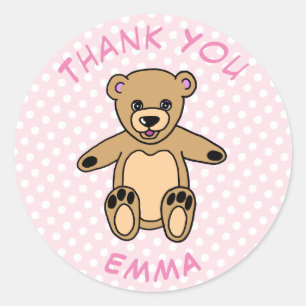 Sticker Rond Merci Teddy Bear Nom Points Rose