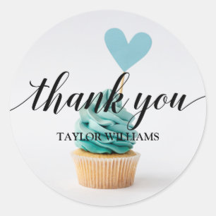 Sticker Rond Merci Texte Bleu Coeur Cupcake