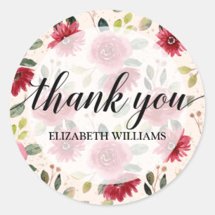 Sticker Rond Merci Texte Bourgogne Fleurs