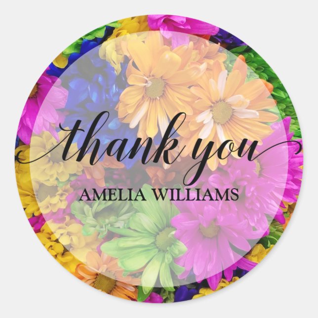 Sticker Rond Merci Texte Fleurs colorées (Devant)