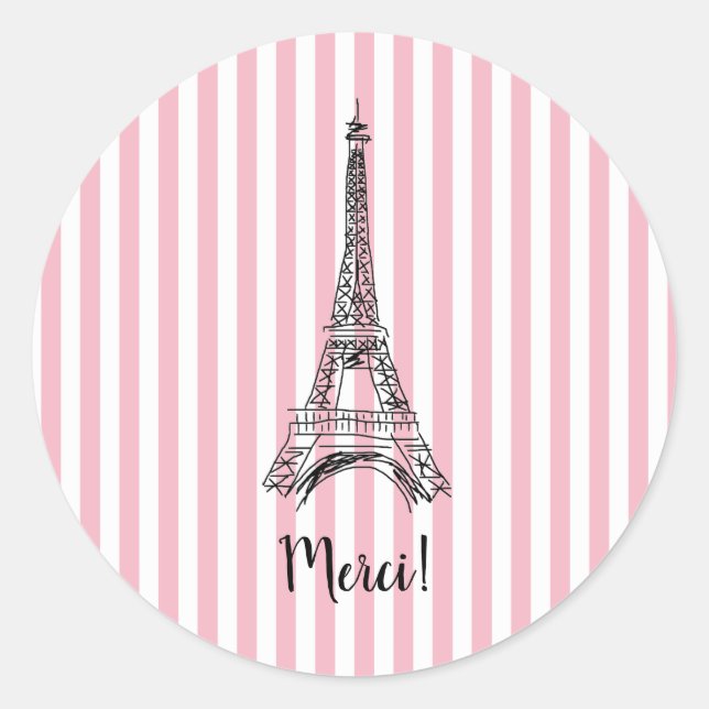 Sticker Rond Merci Tour Eiffel Paris Bande rose (Devant)