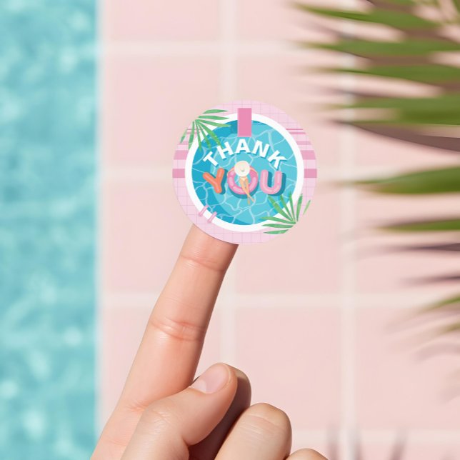 Sticker Rond Merci Tropical Rose été Anniversaire (Thank You Tropical Pink Summer Birthday Pool Party Classic Round Sticker)