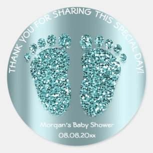 Sticker Rond Merci turquoise de faveur de baby shower de pieds