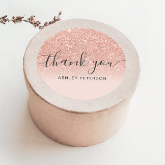 Sticker Rond Merci typographie blush rose or parties scintillan