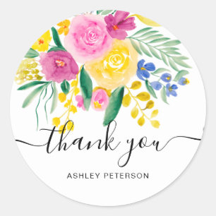 Sticker Rond Merci typographie pays aquarelle florale