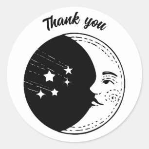 Sticker Rond Merci vintage soleil lune étoile noir dessin