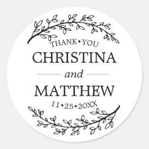 Sticker Rond Merci White Black Laurel Branches Mariage