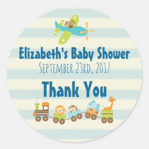 Sticker Rond Mercis animaux de baby shower de train et d'avion