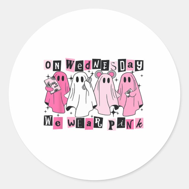 Sticker Rond Mercredi, Nous Portons Un Joli Fantôme Rose Hallow (Devant)