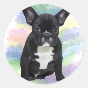 Sticker Rond Mère Bouledogue Français Peinture à l'huile Aquare