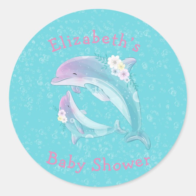 Sticker Rond Mère et bébé Dolphin fille Baby shower Monogramme (Devant)