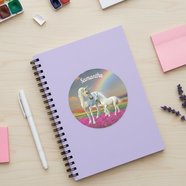 Sticker Rond Mère et bébé licorne Foal Rainbow (Créateur téléchargé)