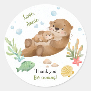 Sticker Rond Mère et bébé loutre de mer aquarelle mignonne