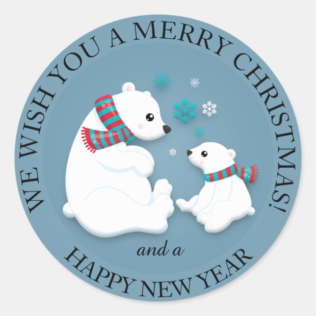 Sticker Rond Mère et bébé Ours polaire Joyeux Noël (Devant)