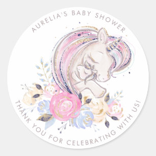 Sticker Rond Mère et bébé Unicorn Baby shower Merci