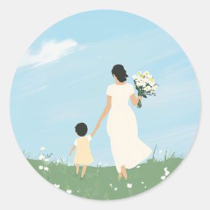 Sticker Rond Mère et enfant dans une prairie en fleurs