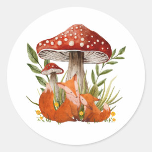 Sticker Rond Mère Fox et son bébé sous les grands champignons